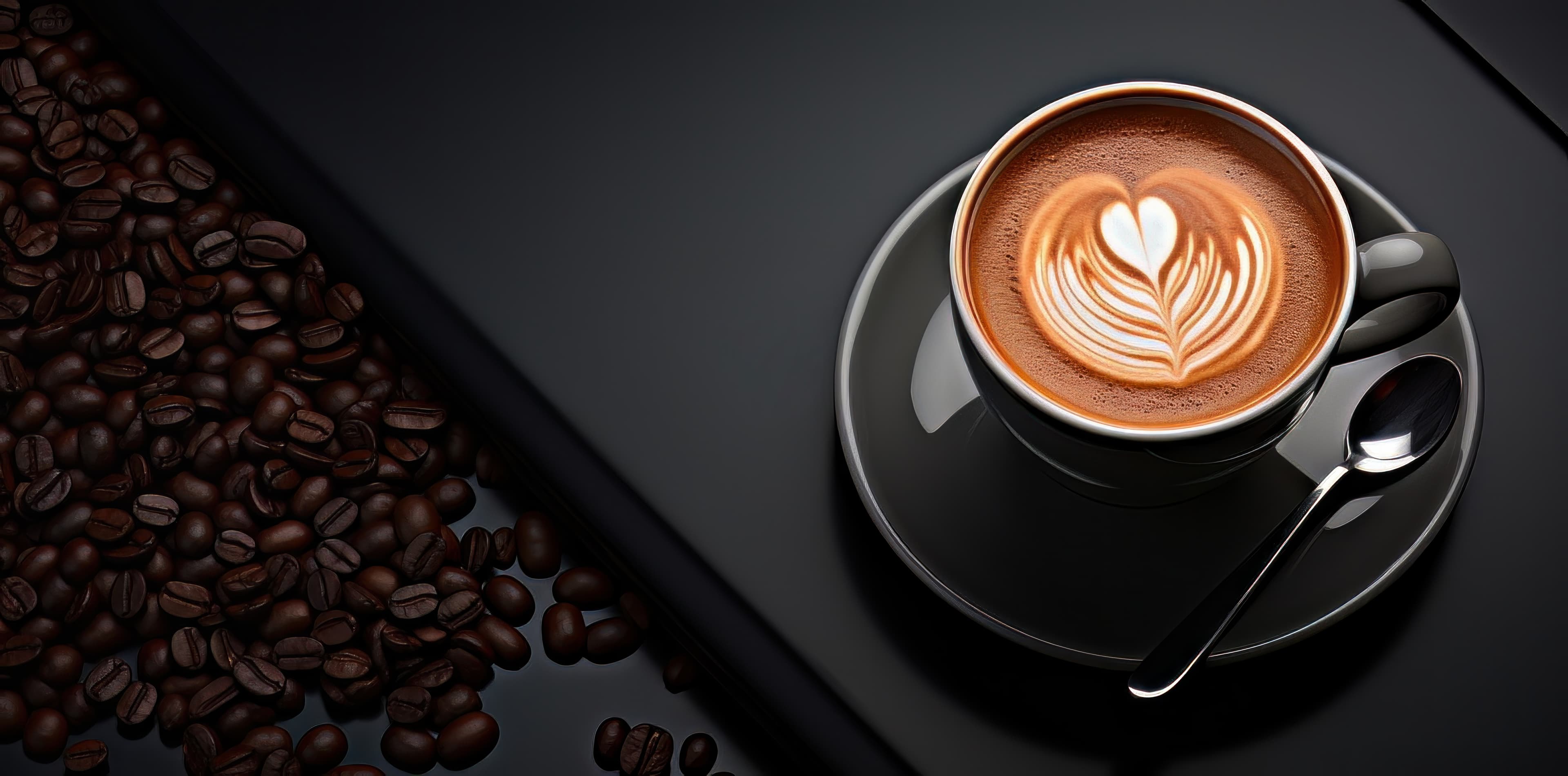 A cup of heart latte art beside roasted coffee beans at Cafe Tria